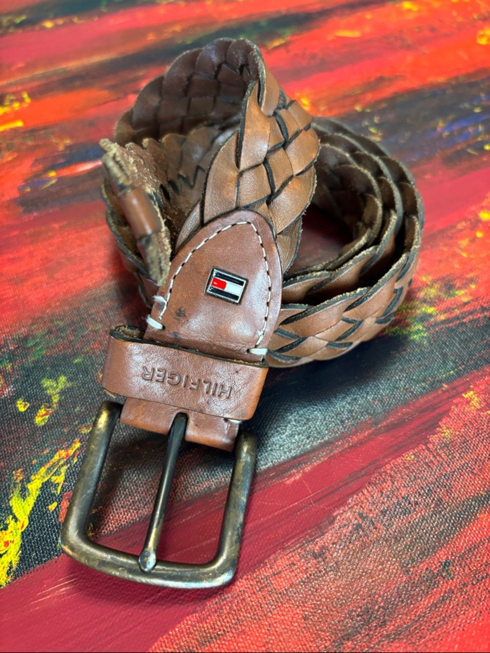 Tommy Hilfiger Brown Braided Leather Men's Belt with Flag Accent
